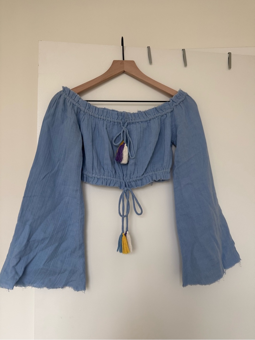 MAJORELLE Light Blue Off-Shoulder Cropped Peasant Top with Tassel Ties
